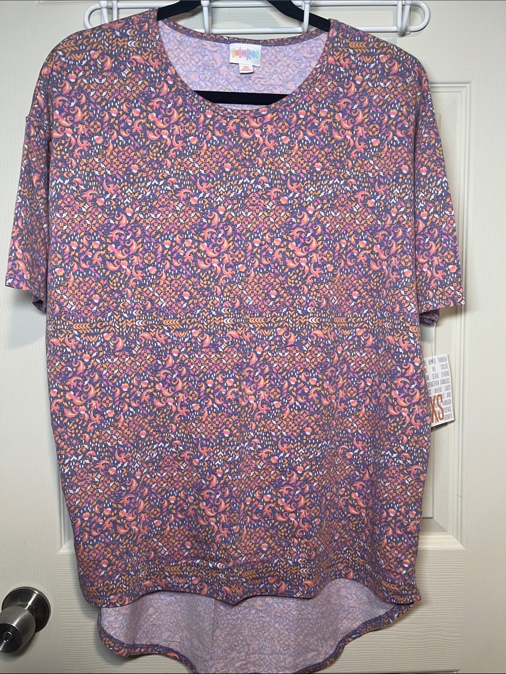LuLaRoe Short Sleeve Irma Tunic in Purple and Pink Paisley